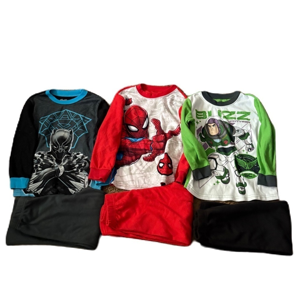 Kids Superhero Pajama Set Bundle Lot Sz 4/5 Spiderman Black Panther Buzz